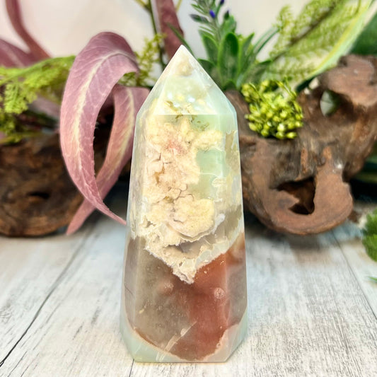 Green Flower Agate Sakura Red Chalcedony Tower Crystal Generator 149g