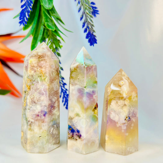 Flower Agate Points Coated in Angel Aura Crystal Generator YOU CHOOSE