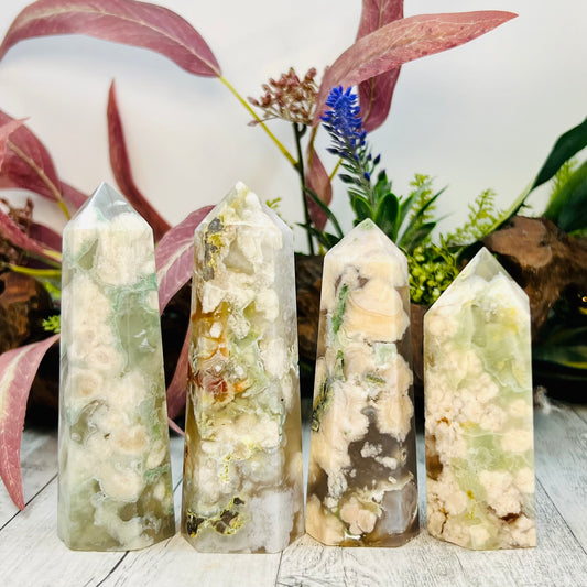 Green Flower Agate Sakura Rare Points Towers Crystal YOU CHOOSE