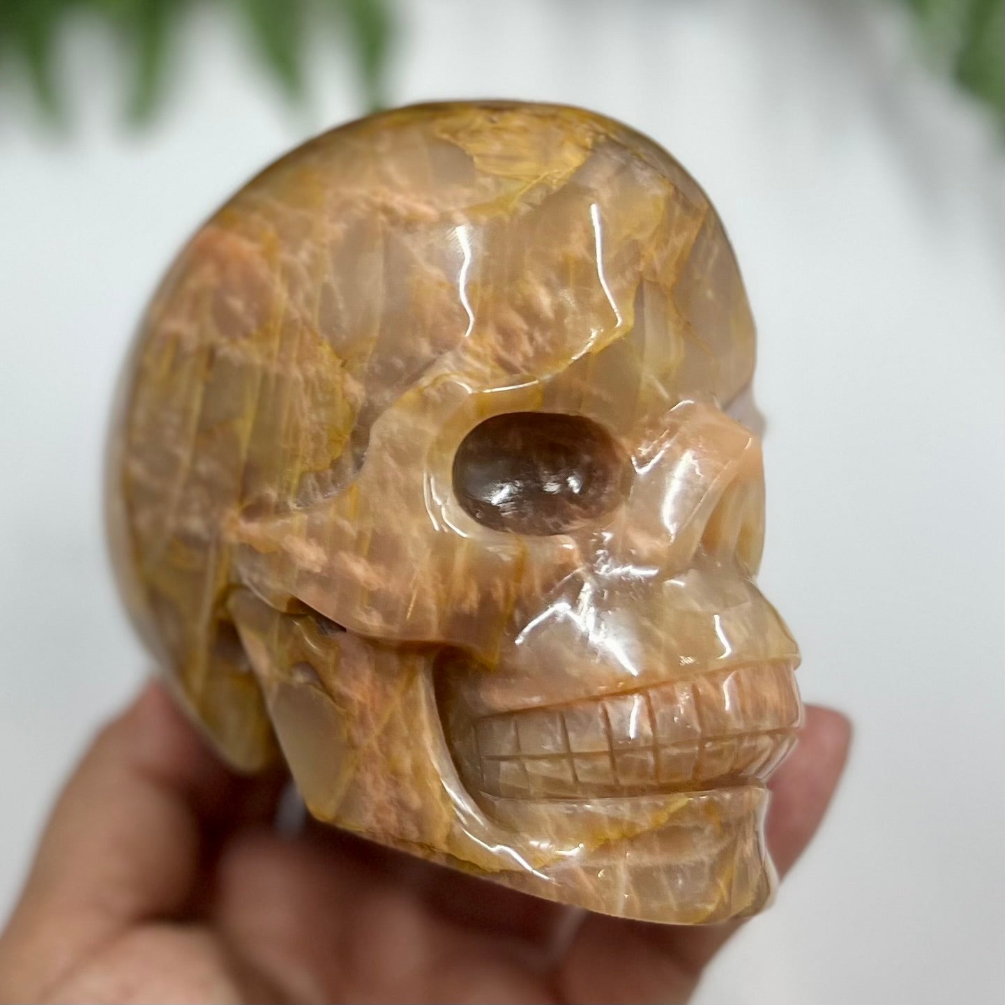 Large Golden Moonstone Skull Crystal Skull Carving 991g